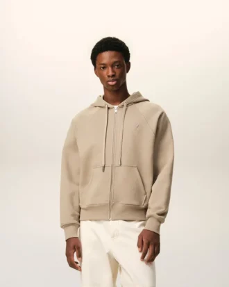 Bej Pamuk Kabartmalı Ami de Coeur Fermuarlı Kapüşonlu Sweatshirt
