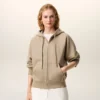 Bej Pamuk Kabartmalı Ami de Coeur Fermuarlı Kapüşonlu Sweatshirt