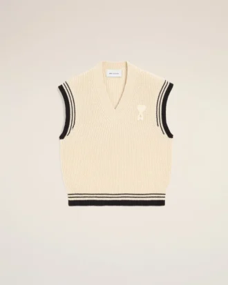 Beyaz Nervürlü Yün Kolsuz Ami de Coeur Sweater