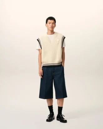 Beyaz Nervürlü Yün Kolsuz Ami de Coeur Sweater