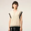 Beyaz Nervürlü Yün Kolsuz Ami de Coeur Sweater