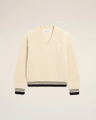 Beyaz Nervürlü Yün V Yaka Ami de Coeur Sweater