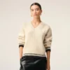 Beyaz Nervürlü Yün V Yaka Ami de Coeur Sweater