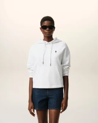 Beyaz Pamuklu Ami de Coeur Kısa Kapüşonlu Sweatshirt