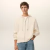 Beyaz Pamuklu Kabartmalı Ami de Coeur Fermuarlı Kapüşonlu Sweatshirt
