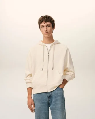 Beyaz Pamuklu Kabartmalı Ami de Coeur Fermuarlı Kapüşonlu Sweatshirt