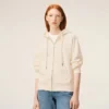 Beyaz Pamuklu Kabartmalı Ami de Coeur Fermuarlı Kapüşonlu Sweatshirt