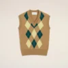 Kahverengi Yün ve Pamuk Argyle Intarsia Kolsuz Kazak