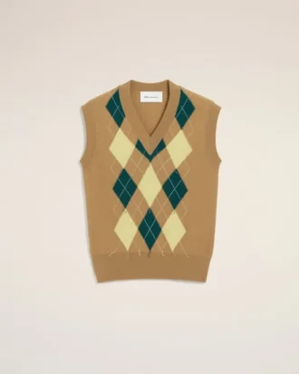 Kahverengi Yün ve Pamuk Argyle Intarsia Kolsuz Kazak