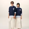 Mavi Yün ve Pamuklu Bisiklet Yaka Ami de Coeur Sweater