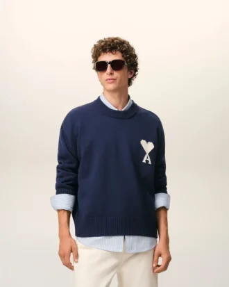 Mavi Yün ve Pamuklu Bisiklet Yaka Ami de Coeur Sweater