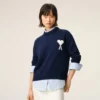 Mavi Yün ve Pamuklu Bisiklet Yaka Ami de Coeur Sweater