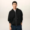 Siyah Pamuk Kabartmalı Ami de Coeur Fermuarlı Kapüşonlu Sweatshirt