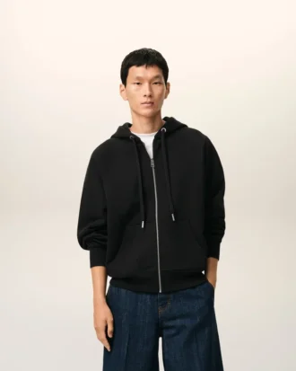 Siyah Pamuk Kabartmalı Ami de Coeur Fermuarlı Kapüşonlu Sweatshirt