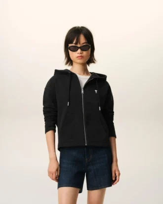 Siyah Pamuklu Ami de Coeur Fermuarlı Kapüşonlu Sweatshirt