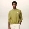 Yeşil Yün ve Pamuklu Bisiklet Yaka Ami de Coeur Sweater