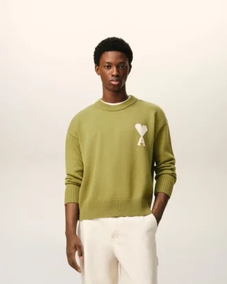 Yeşil Yün ve Pamuklu Bisiklet Yaka Ami de Coeur Sweater