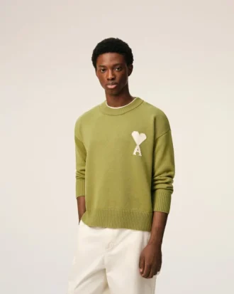 Yeşil Yün ve Pamuklu Bisiklet Yaka Ami de Coeur Sweater