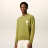 Yeşil Yün ve Pamuklu Bisiklet Yaka Ami de Coeur Sweater
